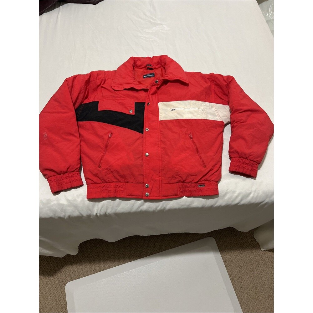 VTG Edelweiss Ski Jacket Coat DOWN Fill Red Black Colorblock Retro 80s 90s Sz L
